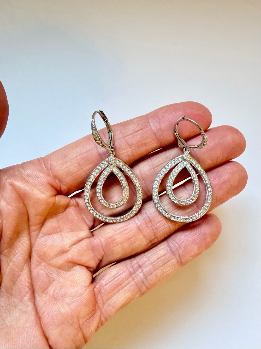 Silver Tone Double Teardrop Rhinestone Dangle Earrings Leverback